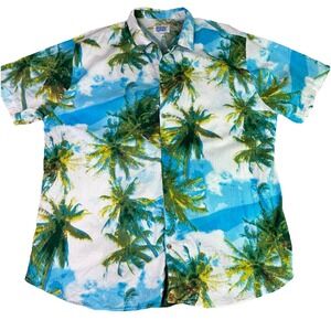 VINTAGE Burnin Water Hawaiian Shirt Mens XXL Blue Palms Button Down Short Sleeve